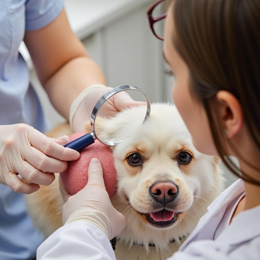 A veterinarian carefully examines a dog's skin for signs of DLE