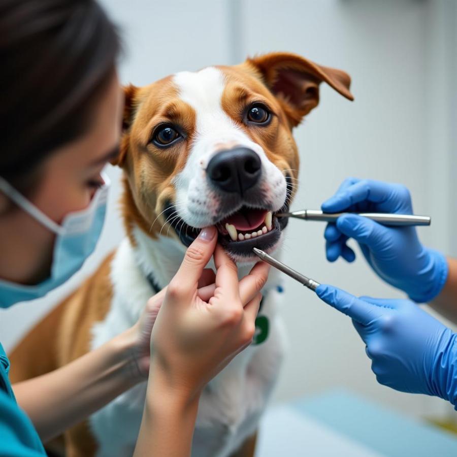 Veterinarian examining dog's teeth