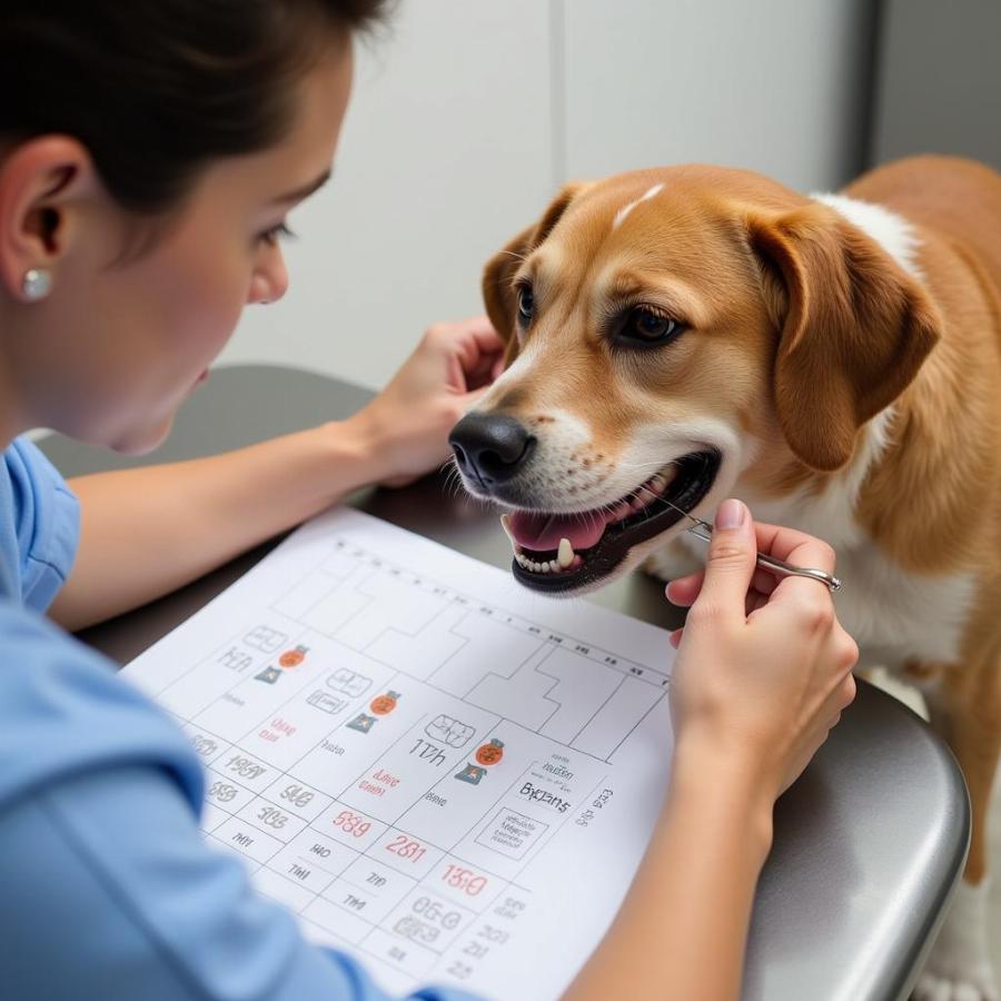 Veterinarian Examining a Dog's Teeth with a Dental Chart