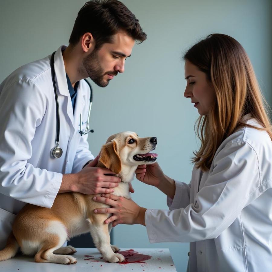 Veterinarian Examining a Dog Vomiting Blood