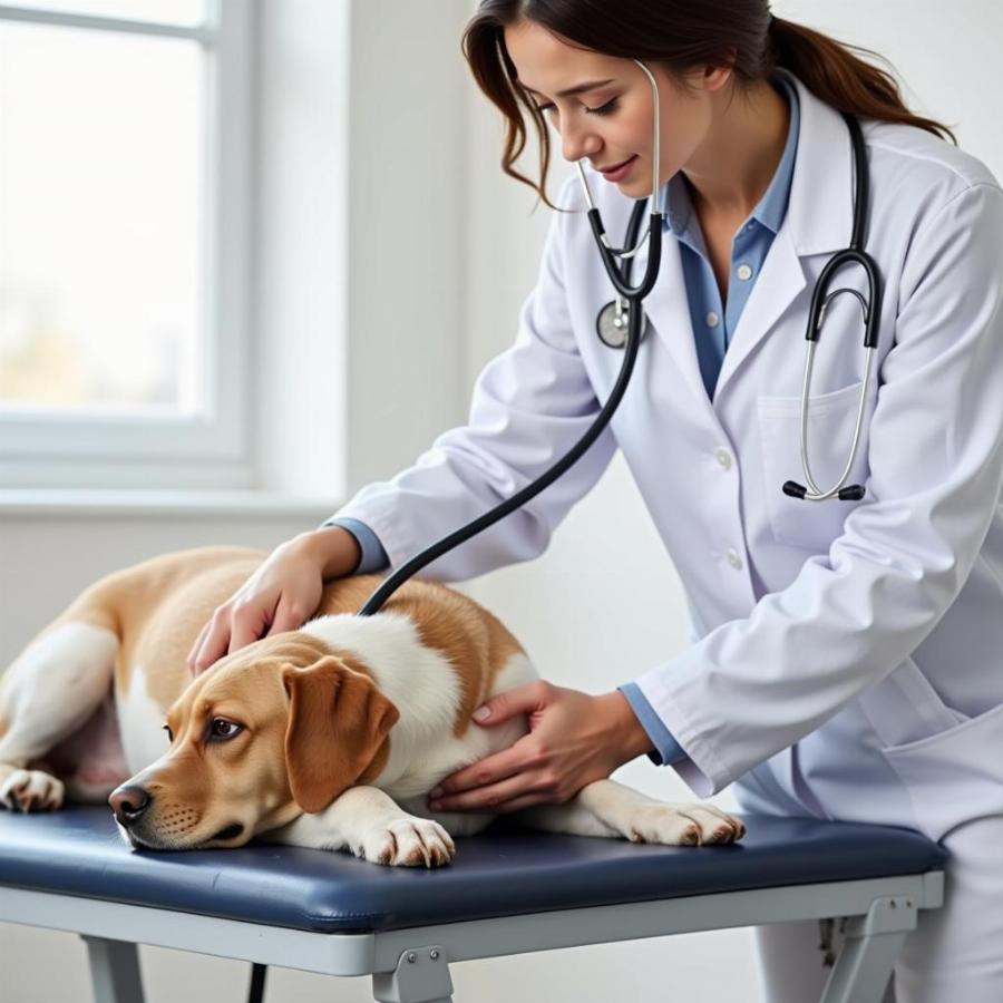 Veterinarian examining a dog with a sensitive stomach