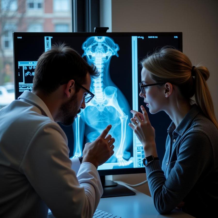 Veterinarian Discussing X-ray with Dog Owner