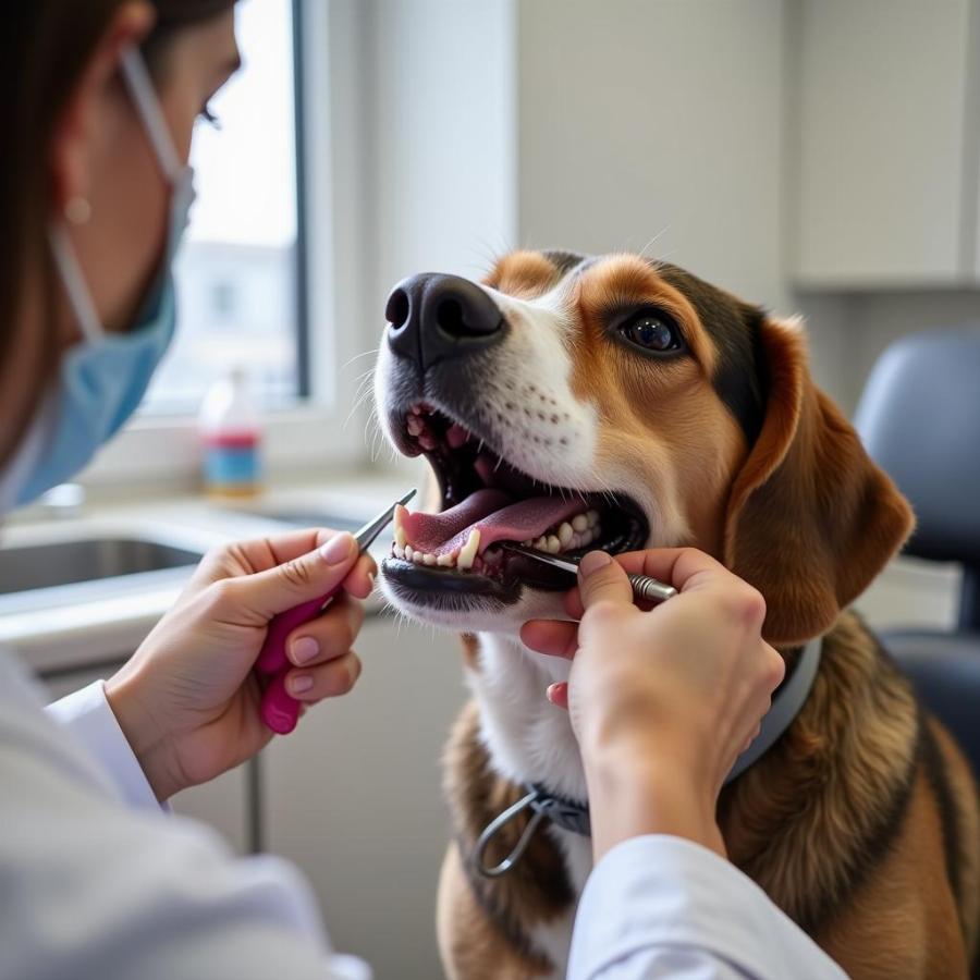 Veterinarian using a dog tooth scaler