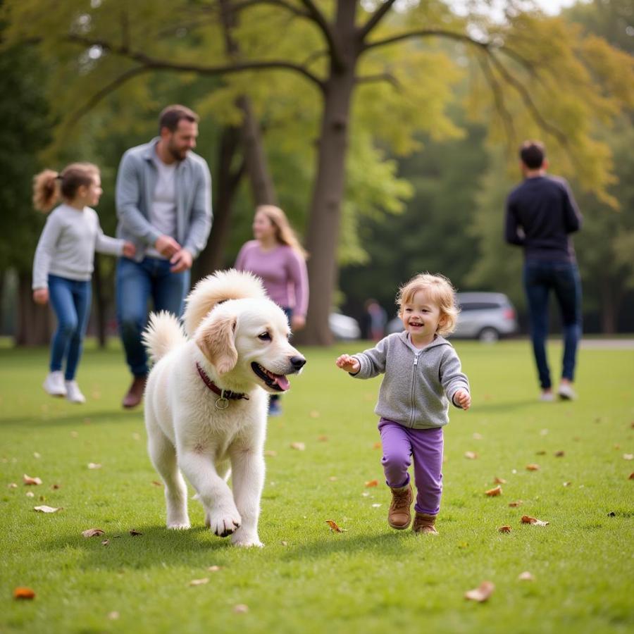 White Curly Haired Dog Playing with Family