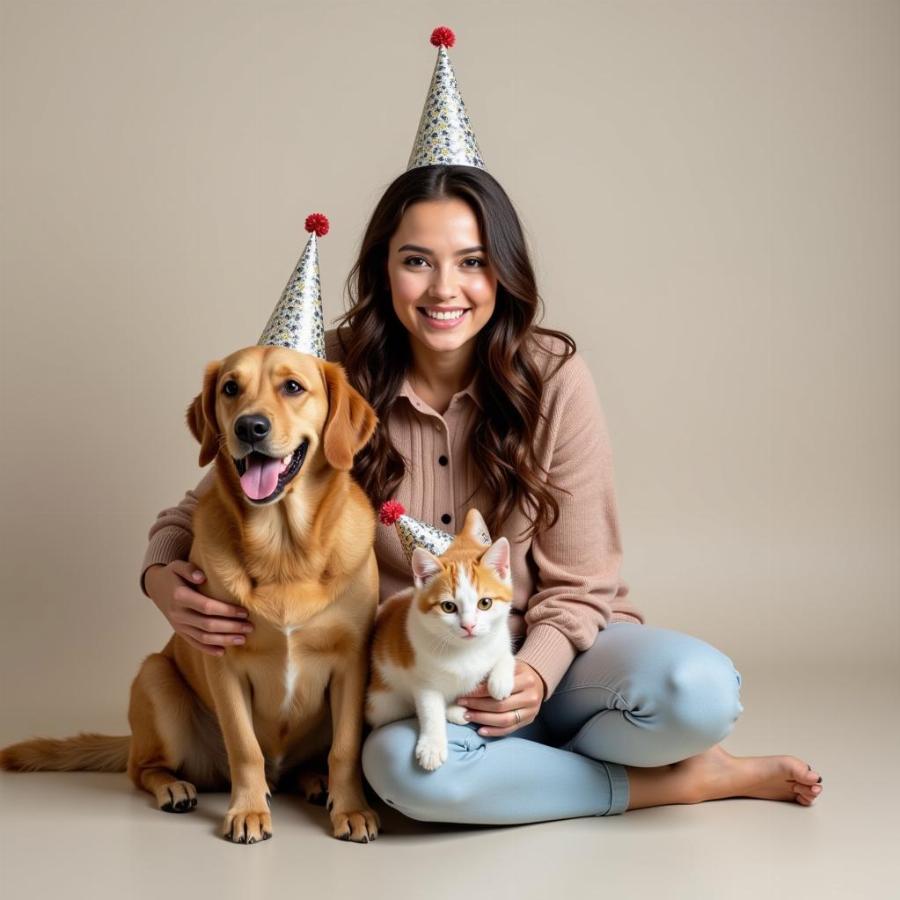 Woman Celebrating Birthday with Cat and Dog