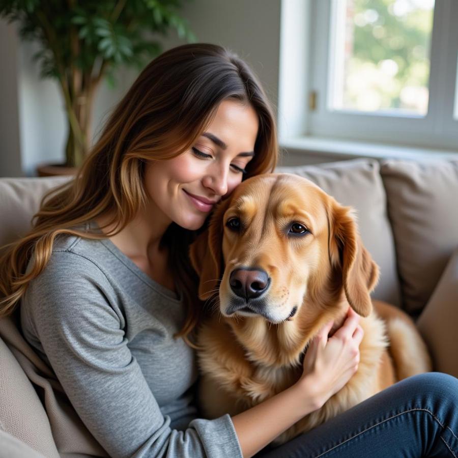 Woman Cuddling Her Dog on Sofa