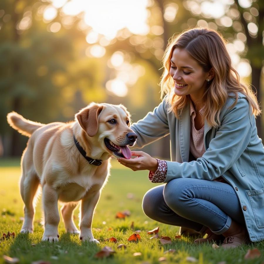 Woman Happily Interacting with Her Dog