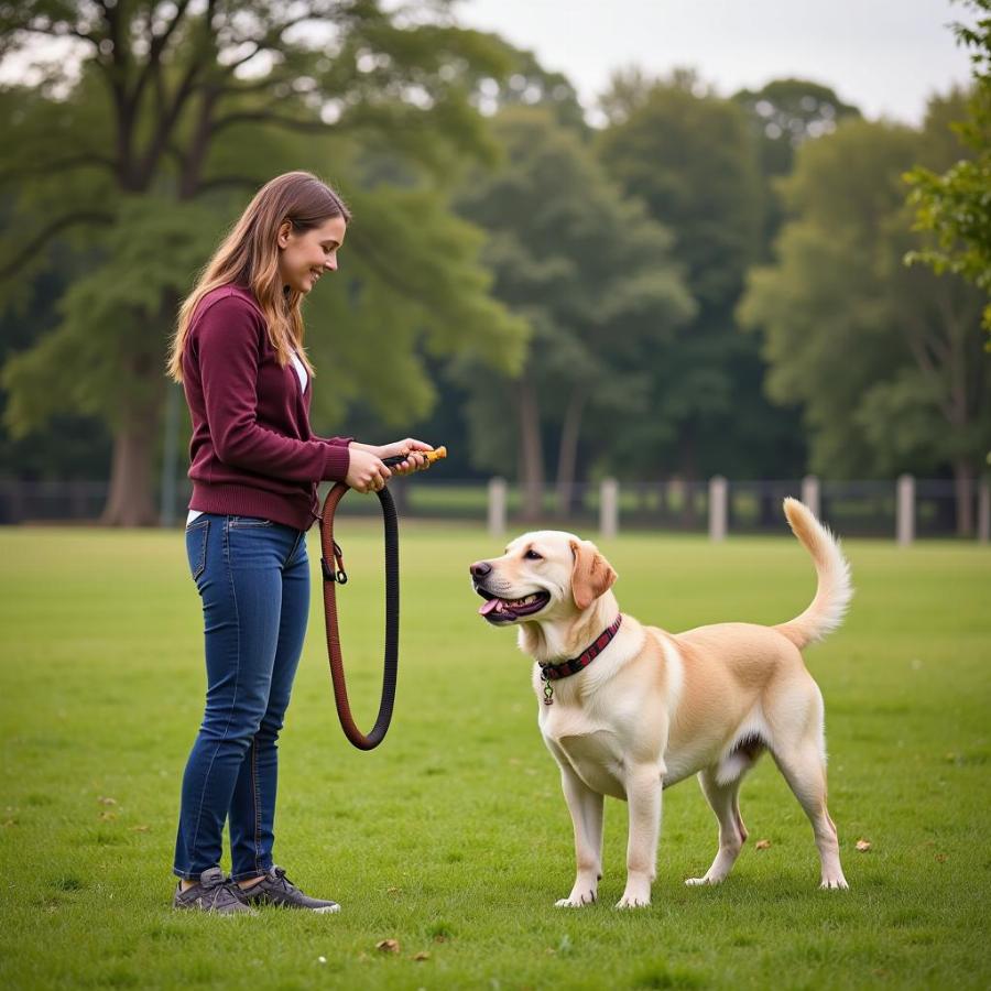 A woman using a long line to train her dog in a park setting.