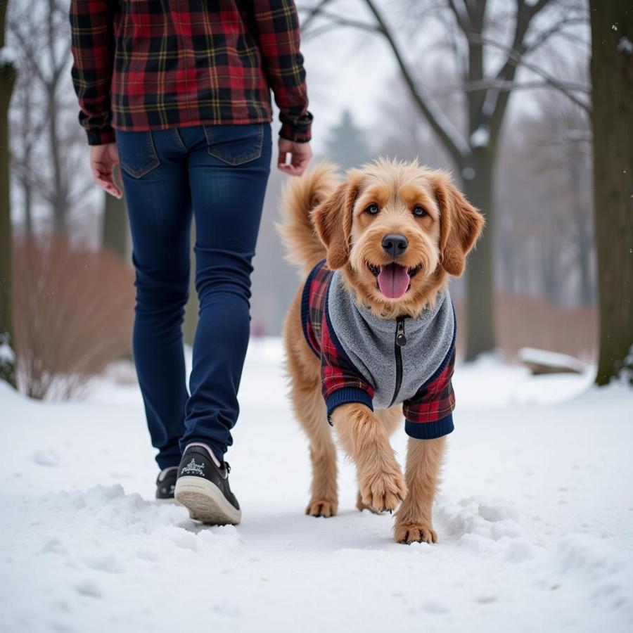 A Bernese Mountain Dog wearing a colorful XXL sweater enjoys a snowy walk with its owner.