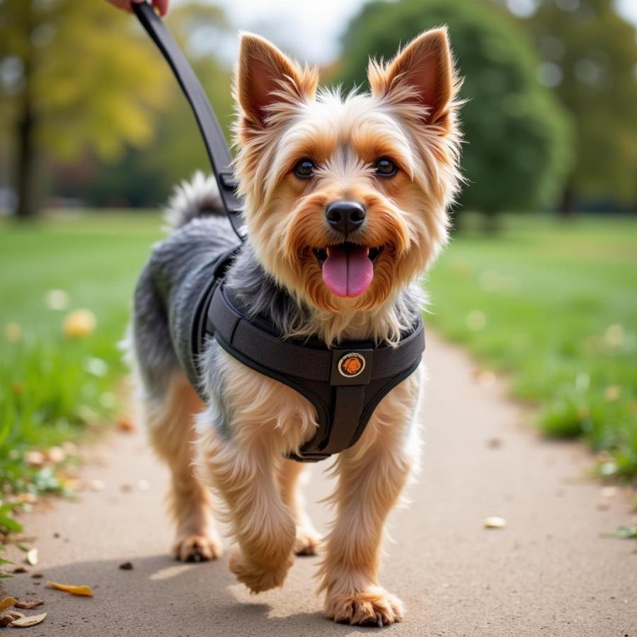 Yorkie wearing a no-pull harness