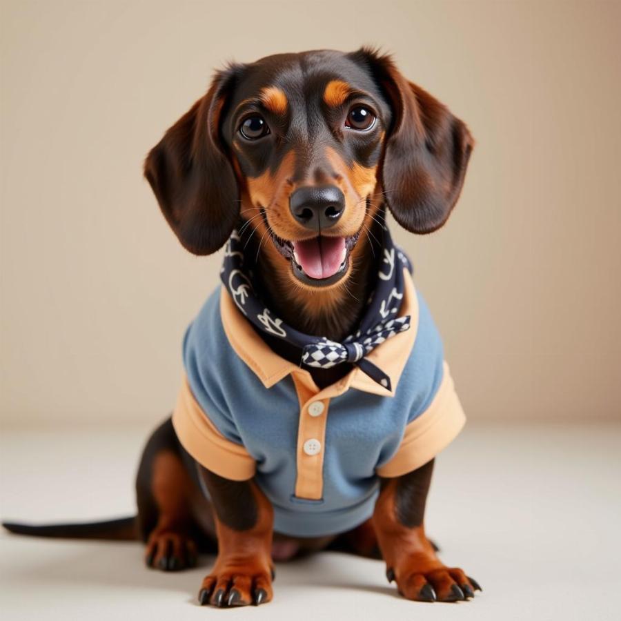 Dachshund wearing a shirt and accessories