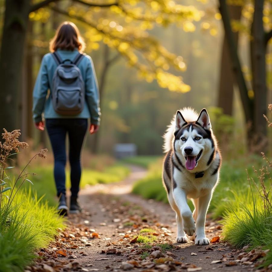 Active Dog Owner Hiking with Husky in Maryland