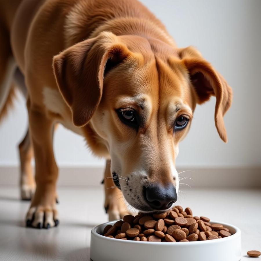 An adult dog enjoying a meal of all life stages kibble