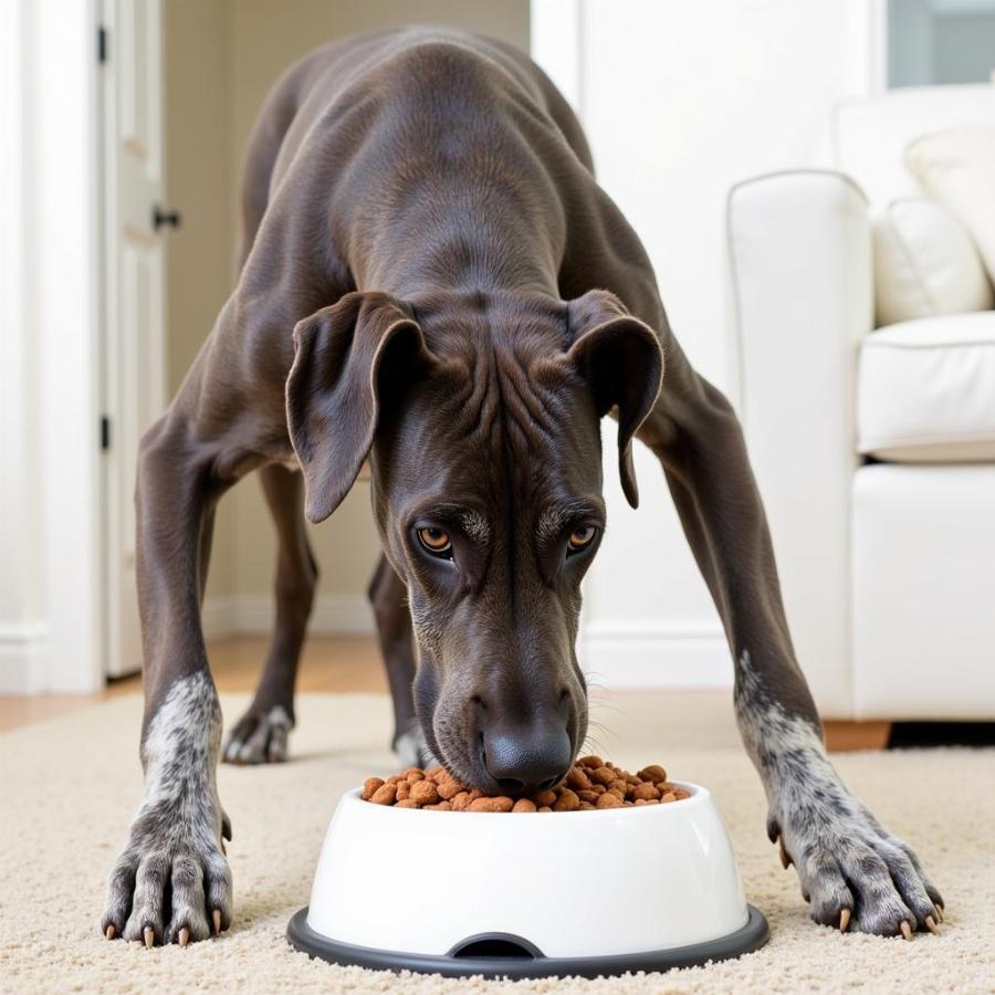 Adult Great Dane Eating from a Raised Bowl