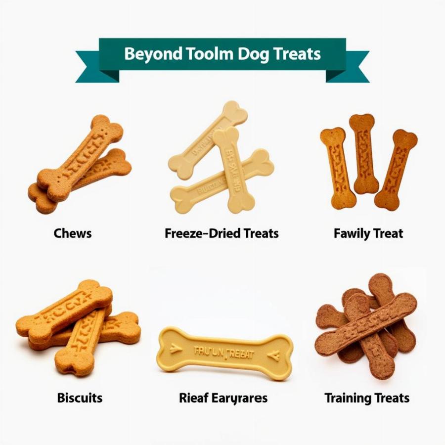 Variety of dog treats including chews, biscuits, and training treats