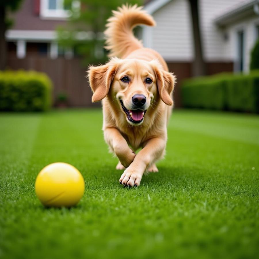 Dog playing fetch on artificial grass