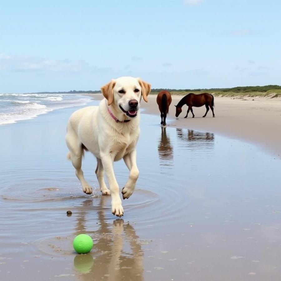 Chó chơi trên bãi biển Assateague