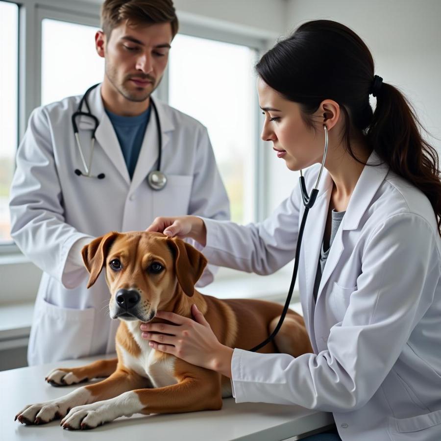 Veterinarian examining a dog's heart.