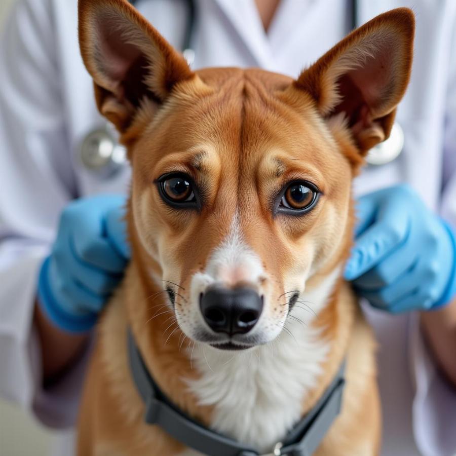 A Basenji mix dog at the veterinarian undergoing a check-up.