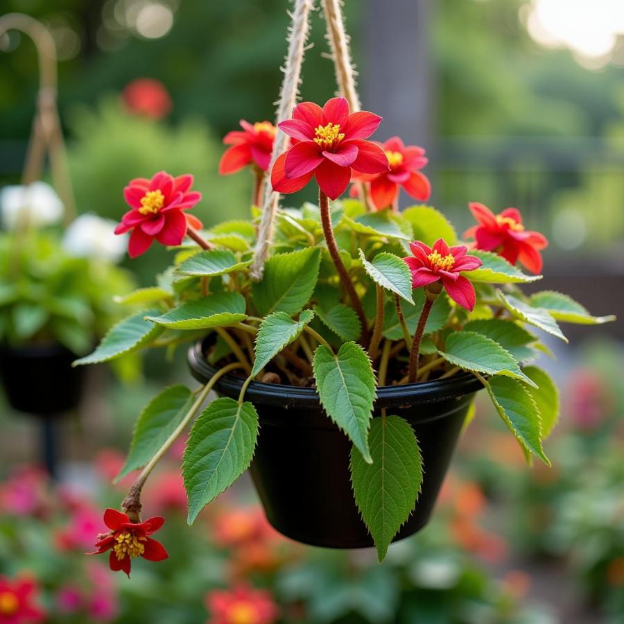 Begonia plant in a hanging basket, safe from dogs