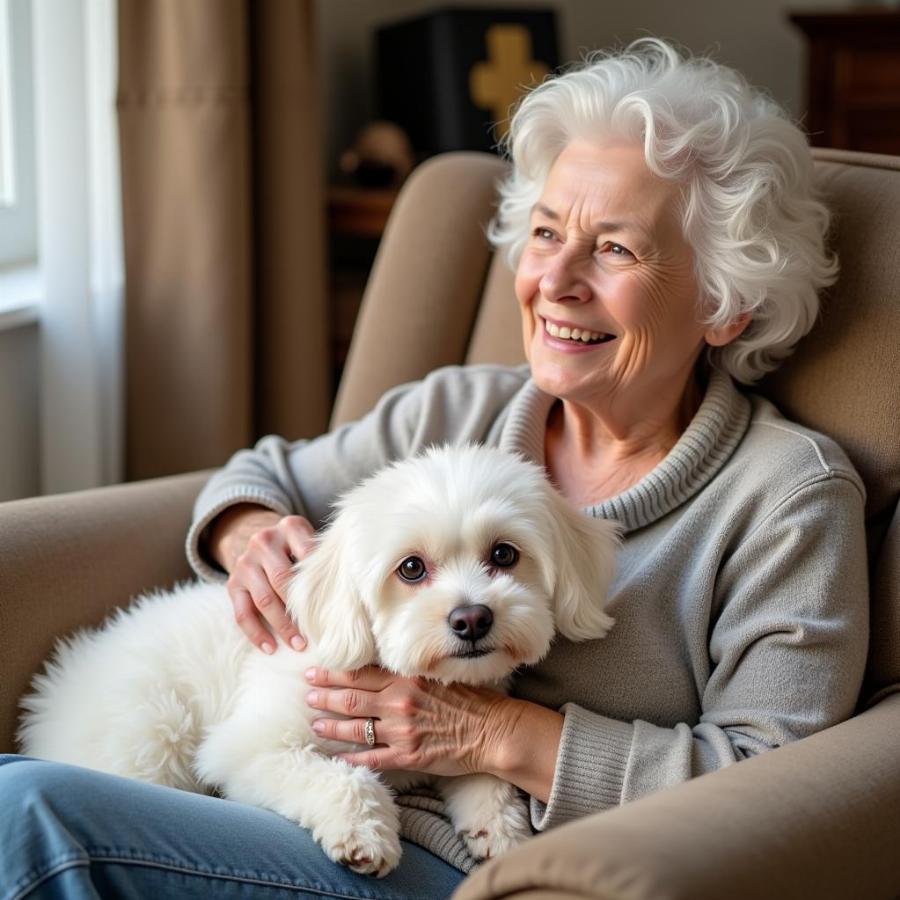 Bichon Frise sitting on the lap of an elderly woman