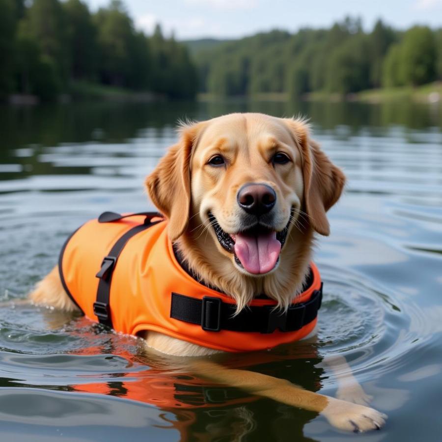 Large Dog in Life Jacket Swimming in a Lake