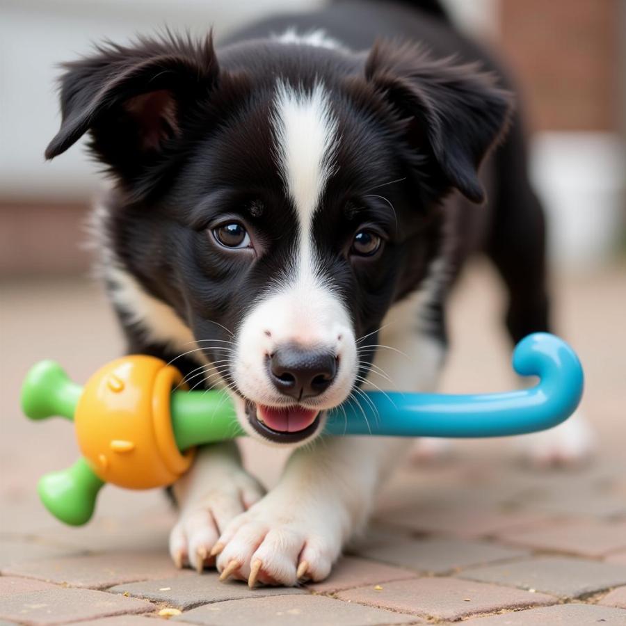 Black and White Puppy Playing with a Toy