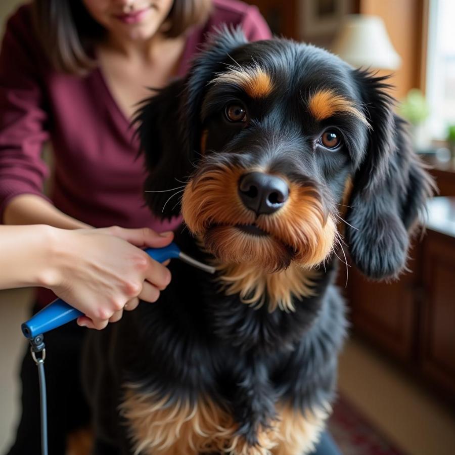 Black and Brown Dog Receiving Grooming Care