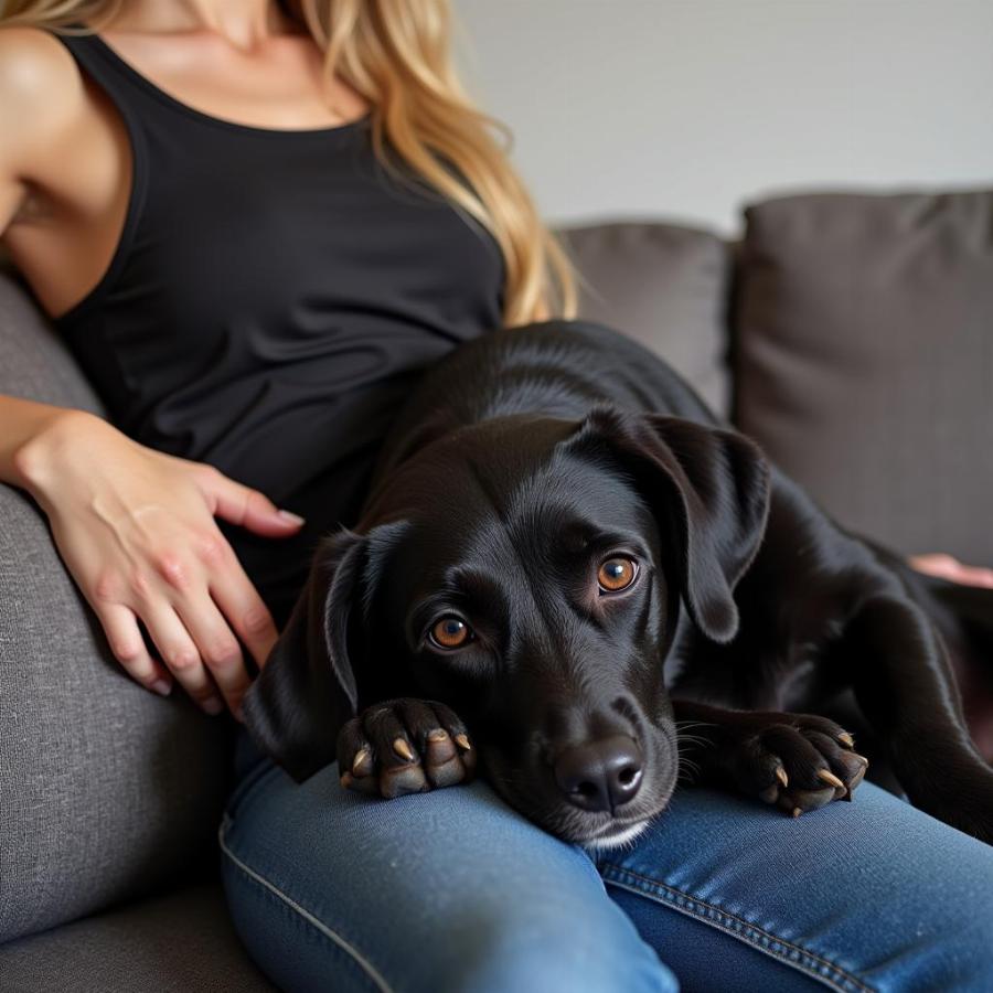 Black Dog Cuddling with Owner