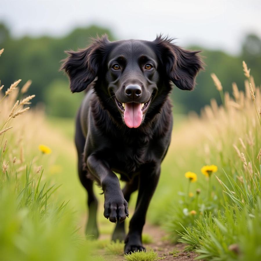 Black Springer Spaniel running in a field