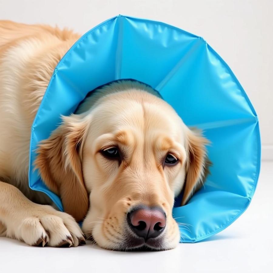 Dog Comfortably Wearing a Blow Up Cone