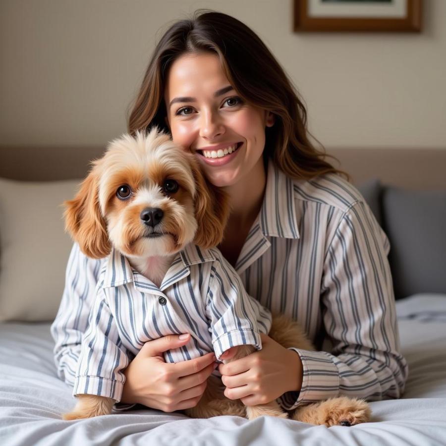 Matching pajamas for dog and owner, showing a woman and her small dog wearing identical striped pajama sets.