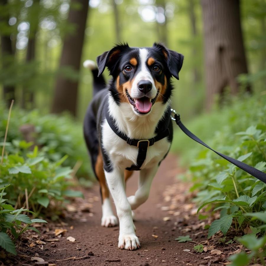 Border Collie Beagle Mix Hiking on a Trail