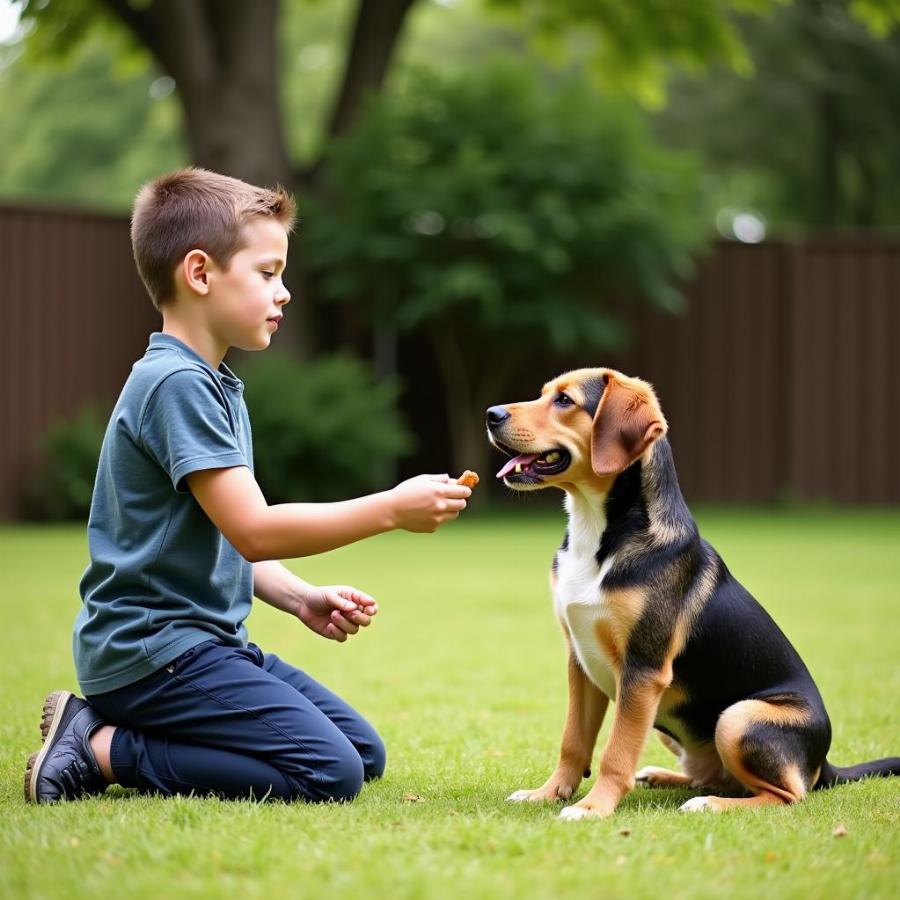 Boy Training Dog with Treats in Backyard