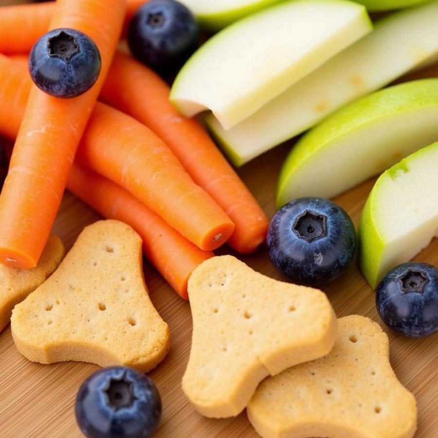 Healthy dog treats like carrots, apples, and blueberries