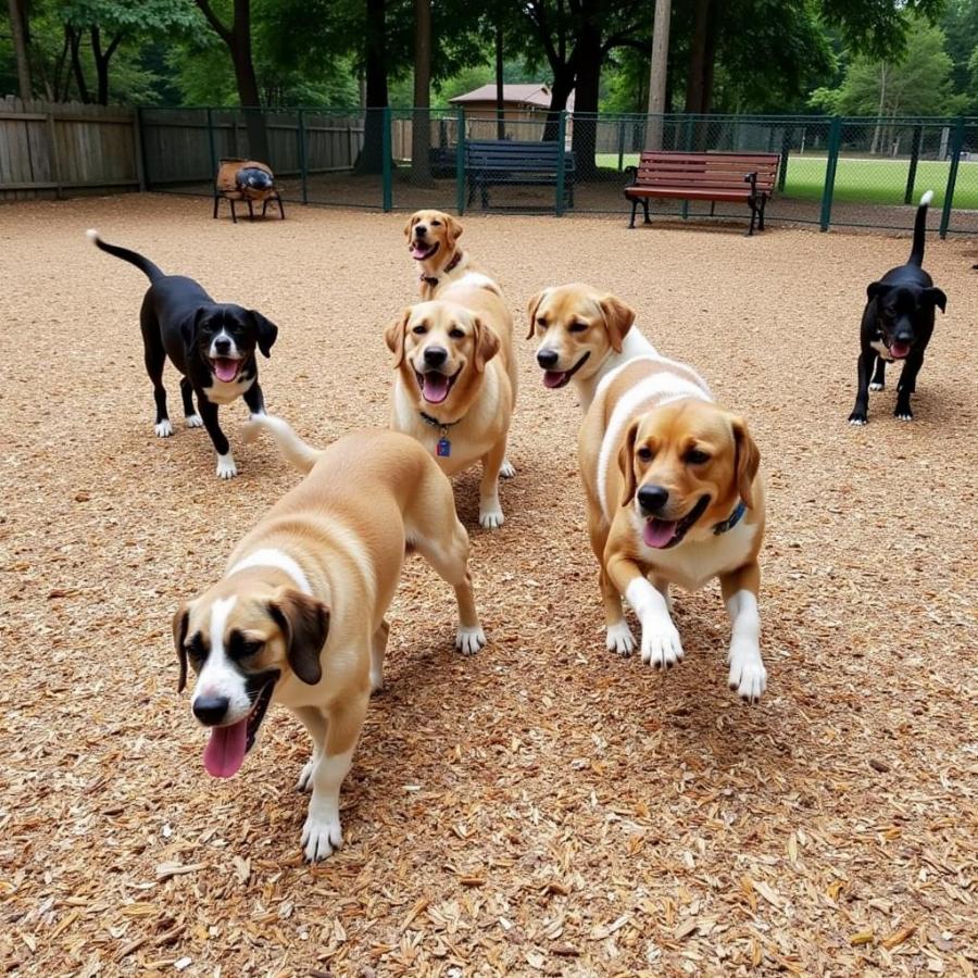 Dogs playing in the fenced area of Canton Dog Park