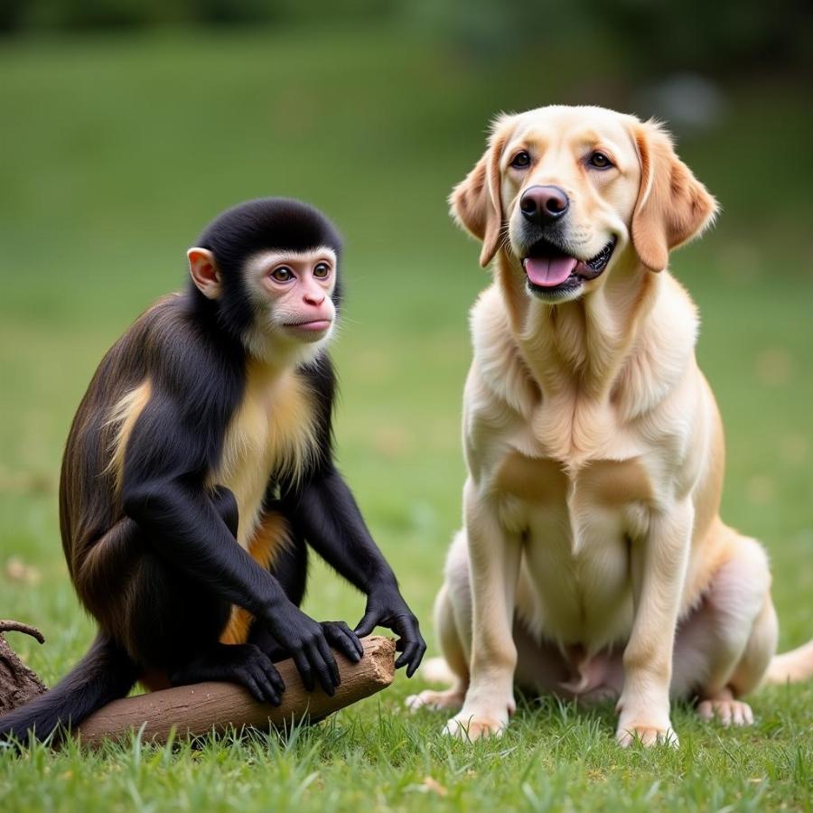 Capuchin Monkey and Dog Side by Side