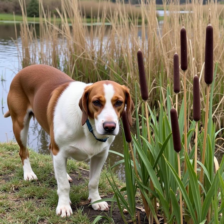 Dog near a cattail plant