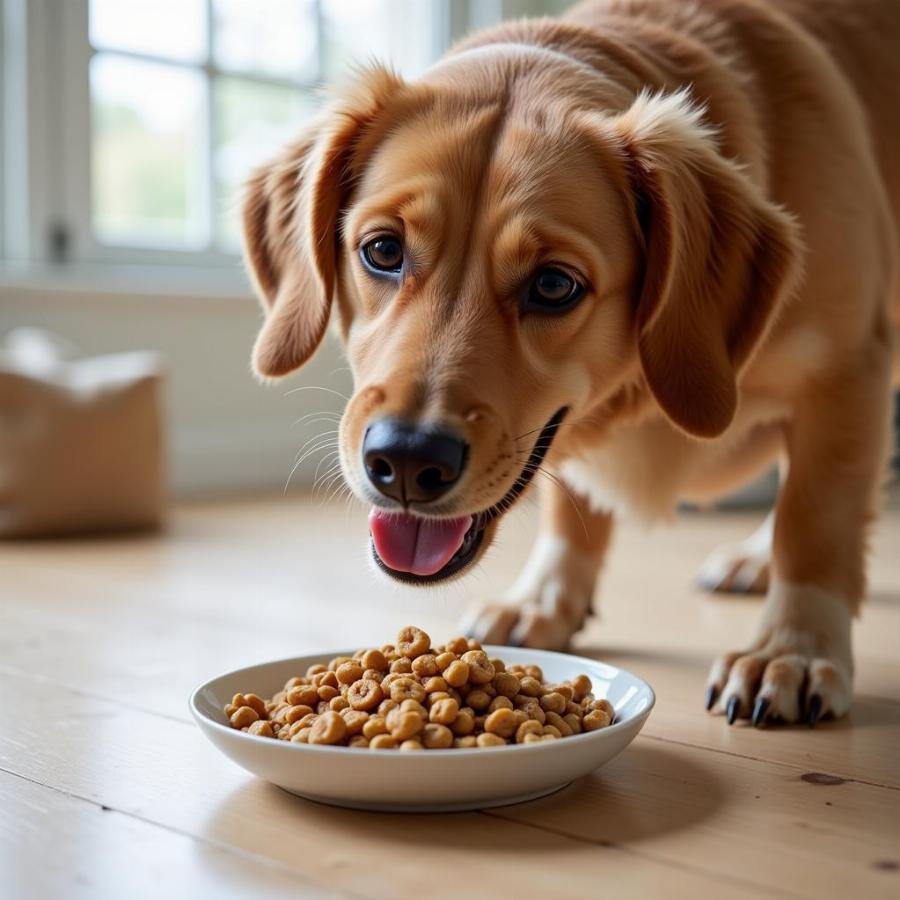 Dog eating food with coconut oil