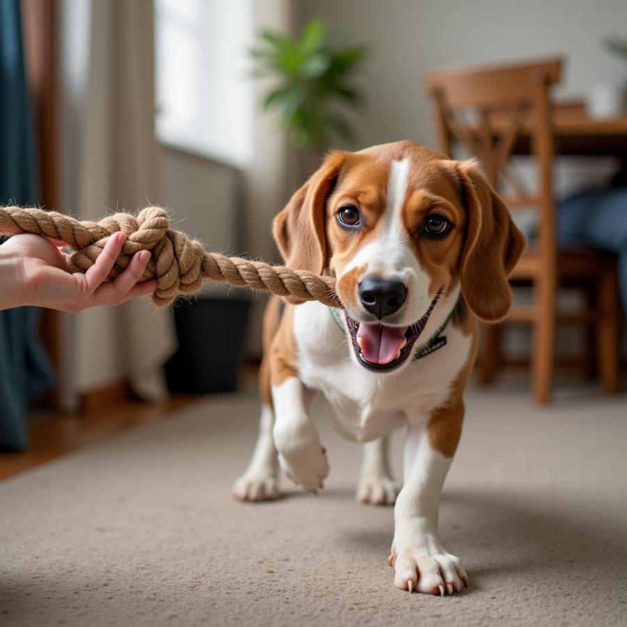 Chó cảnh chơi đồ chơi: hình ảnh một chú chó Beagle đang chơi trò kéo co với chủ