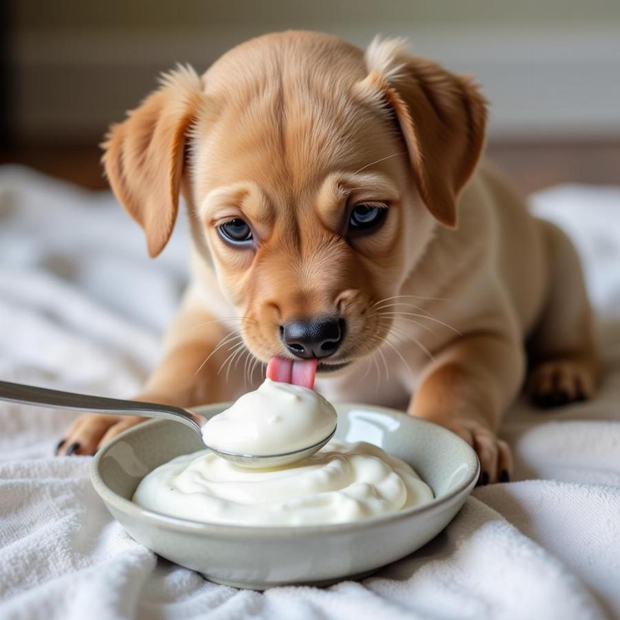 Puppy eating greek yogurt