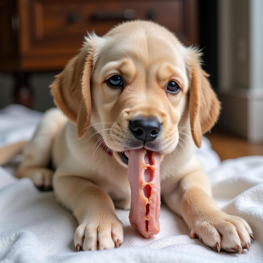 Puppy gnawing on a small piece of turkey neck