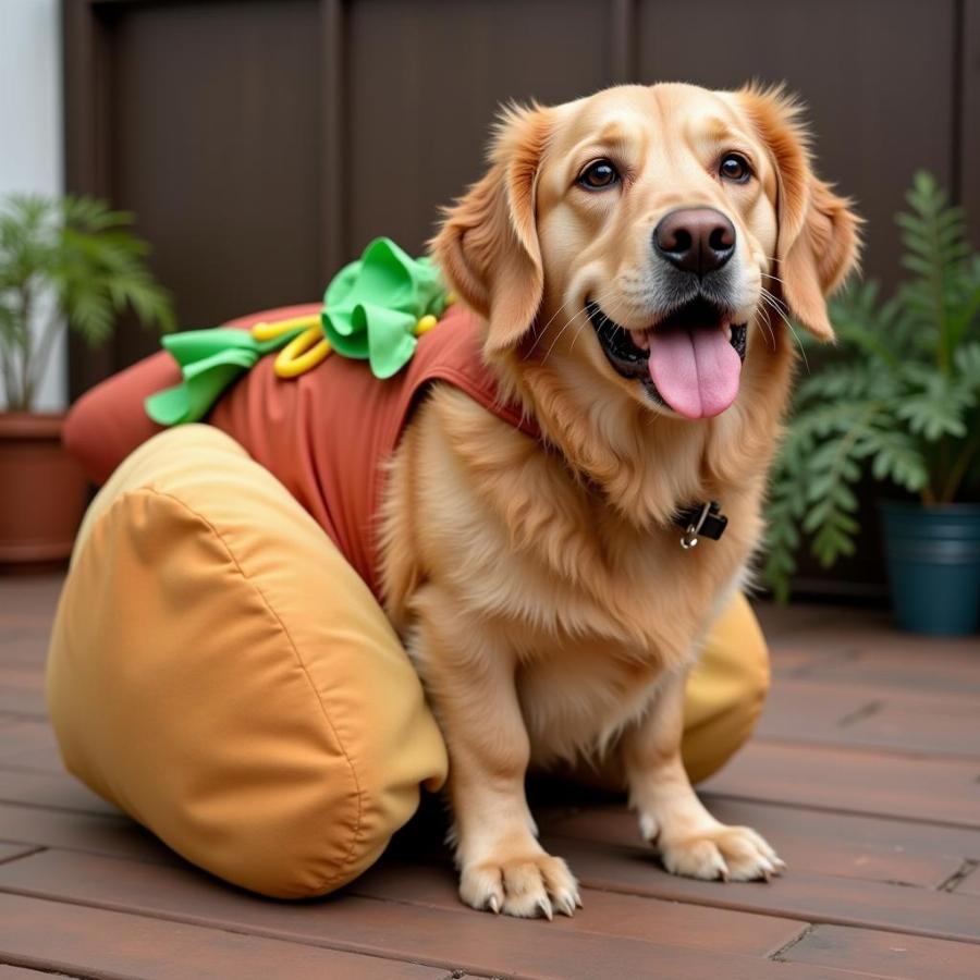 Large dog wearing funny costume sitting