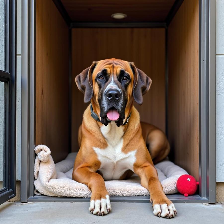 A large dog relaxing in its indoor kennel