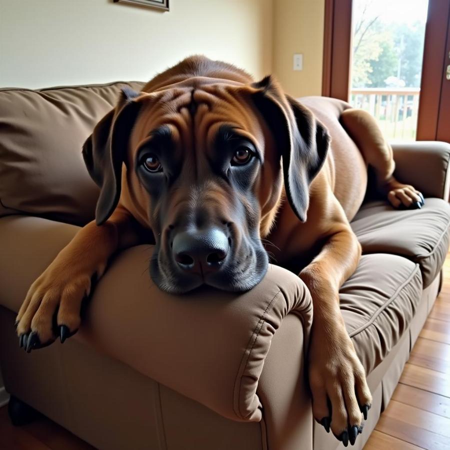 Big dog sitting on a small sofa, looking cramped but content.