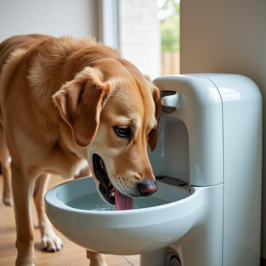 Large dog drinking water from a dispenser