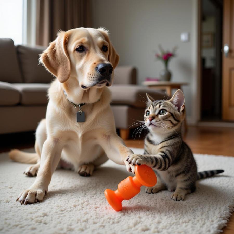 Dog and Cat Playing Together Peacefully in a Living Room