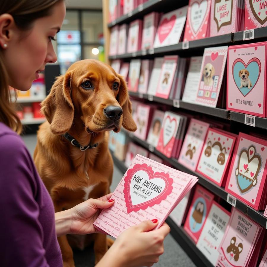 Choosing a Valentine's Day card for your dog at a pet store