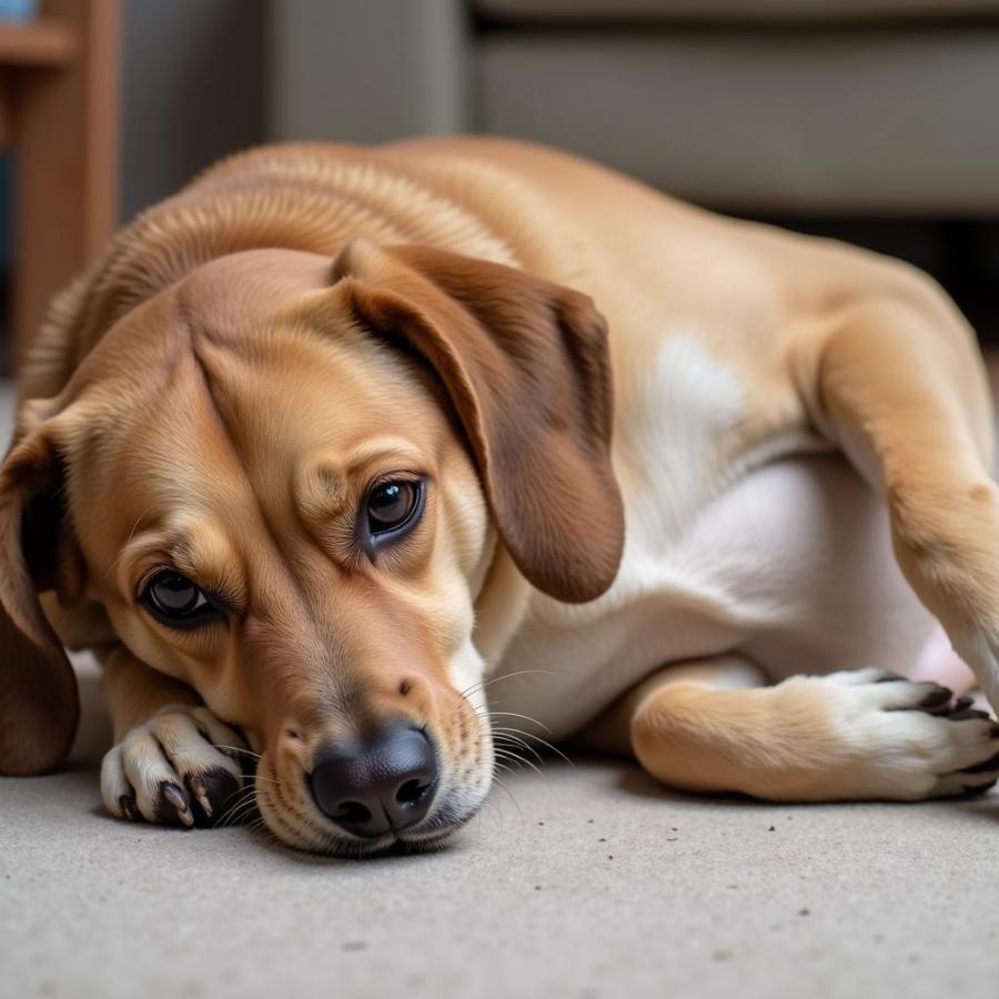 A dog looking uncomfortable with a stomach ache after eating a diaper.