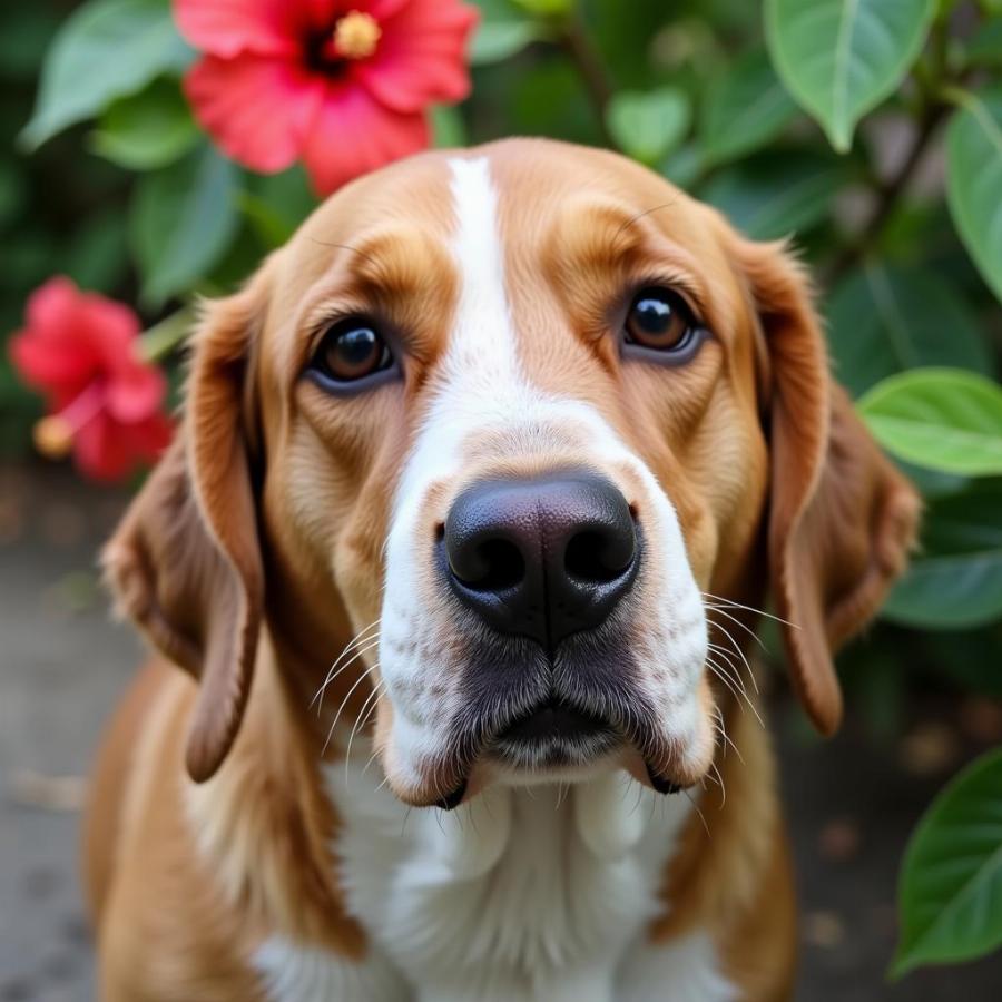 A dog showing symptoms of hibiscus poisoning